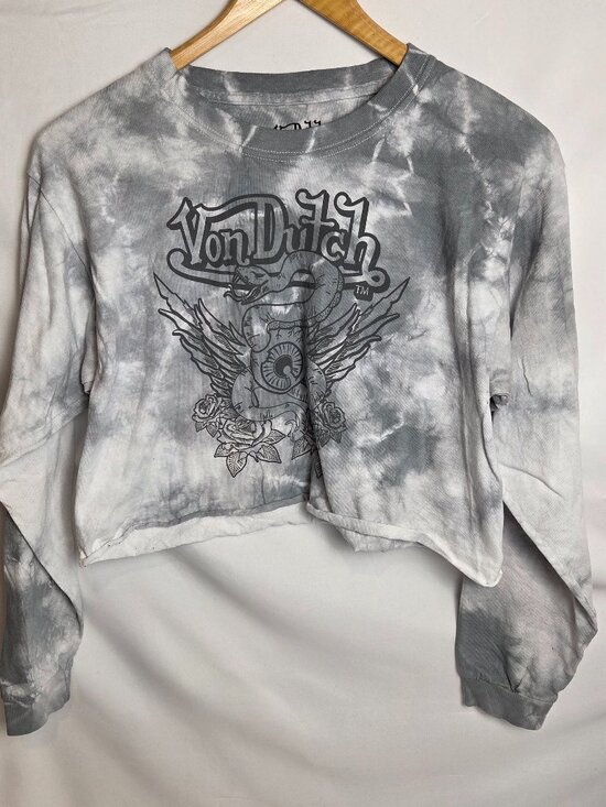 Von Dutch Tops - Von Dutch Tie Dyed Gray Long Sleeve Cropped T shirt Medium